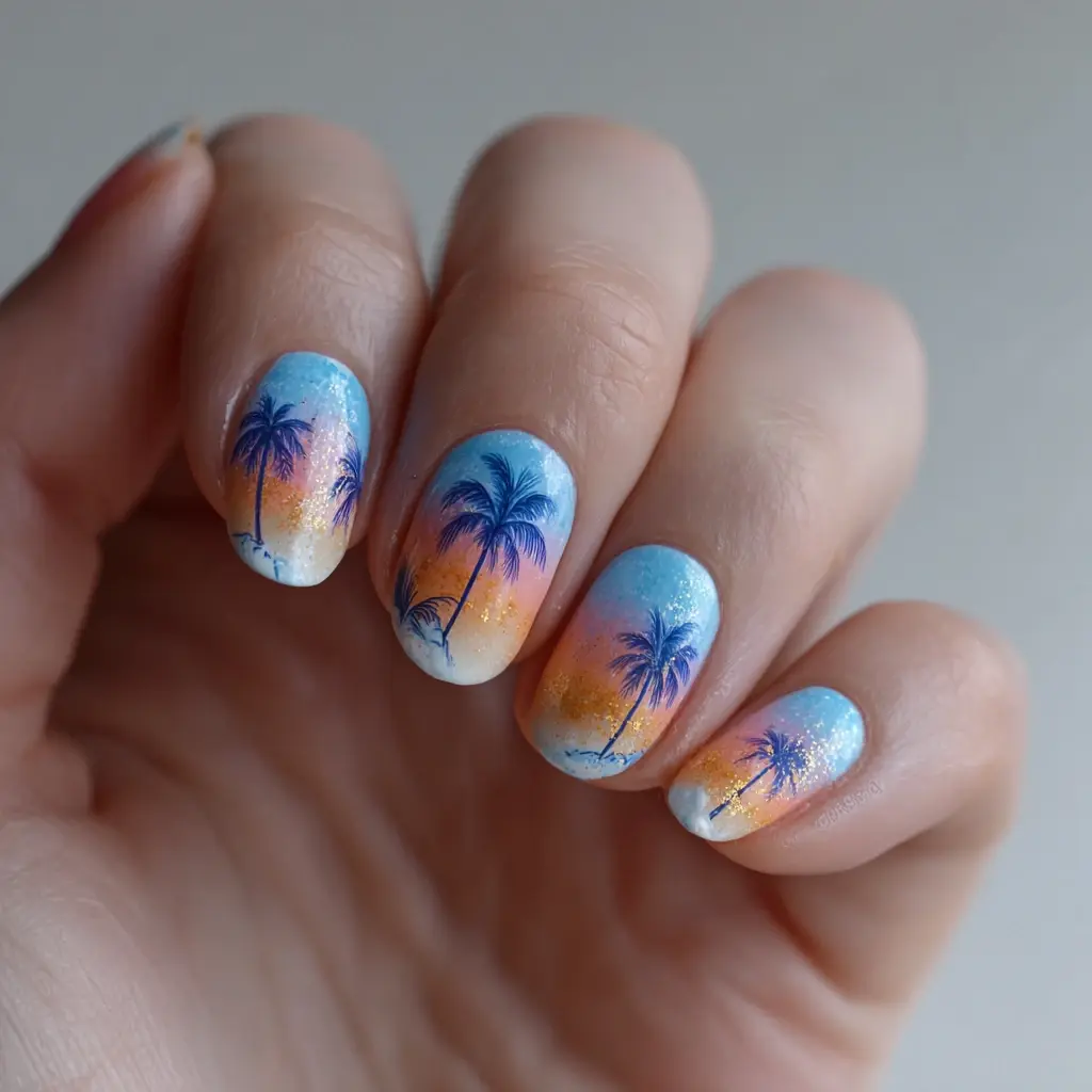 blue and orange almond medium nails with abstract and glossy
