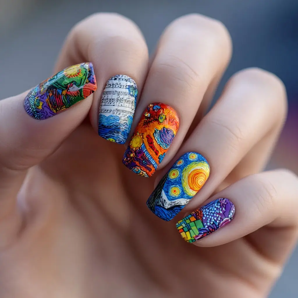 red and blue square medium nails with abstract and glossy