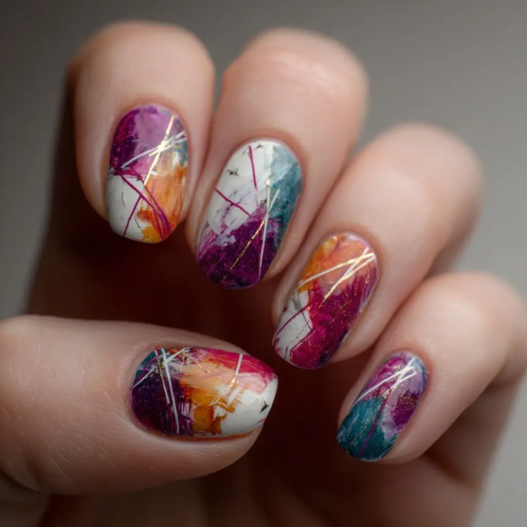 purple and orange coffin medium nails with abstract and geometric