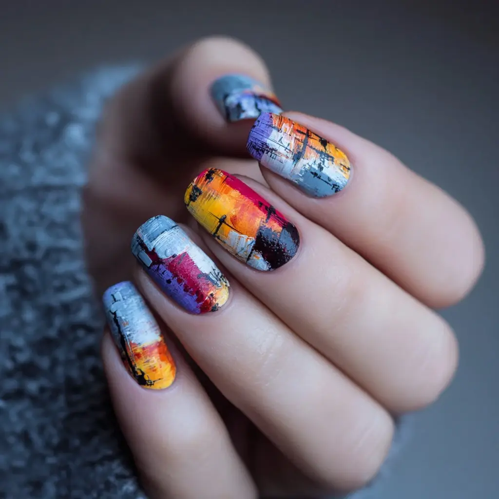 red and yellow square medium nails with abstract and geometric