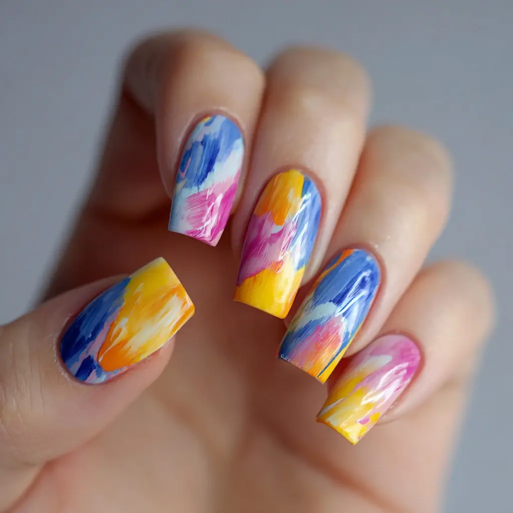 blue and yellow almond medium nails with abstract and glossy