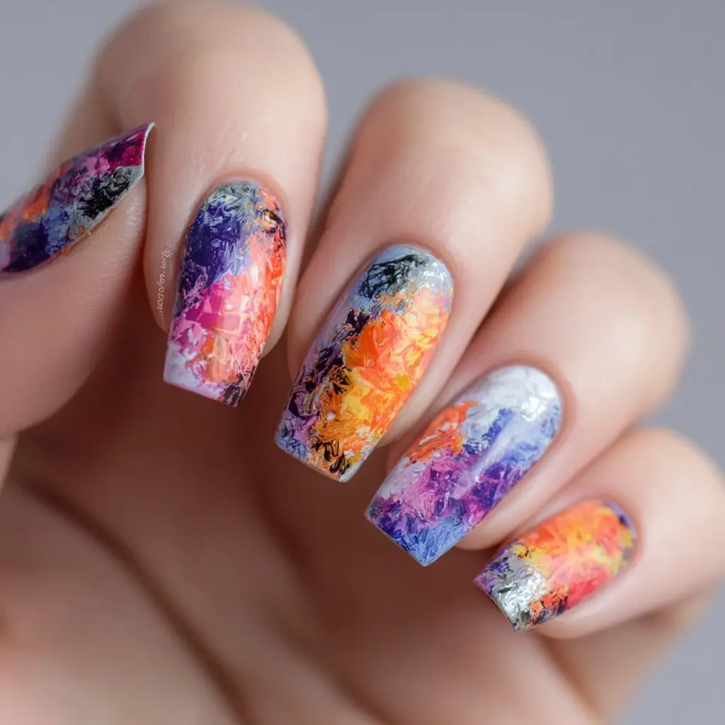 red and blue coffin medium nails with abstract and glossy