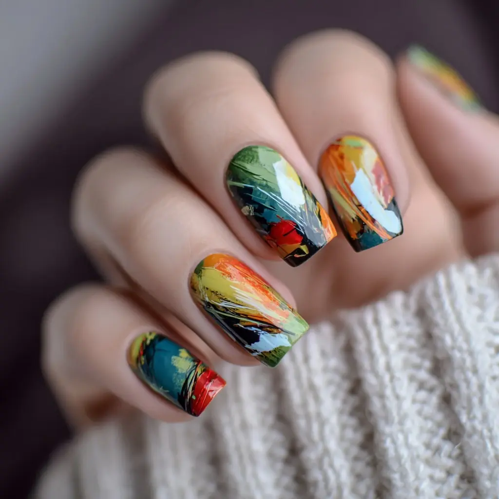 red and orange square medium nails with abstract and glossy