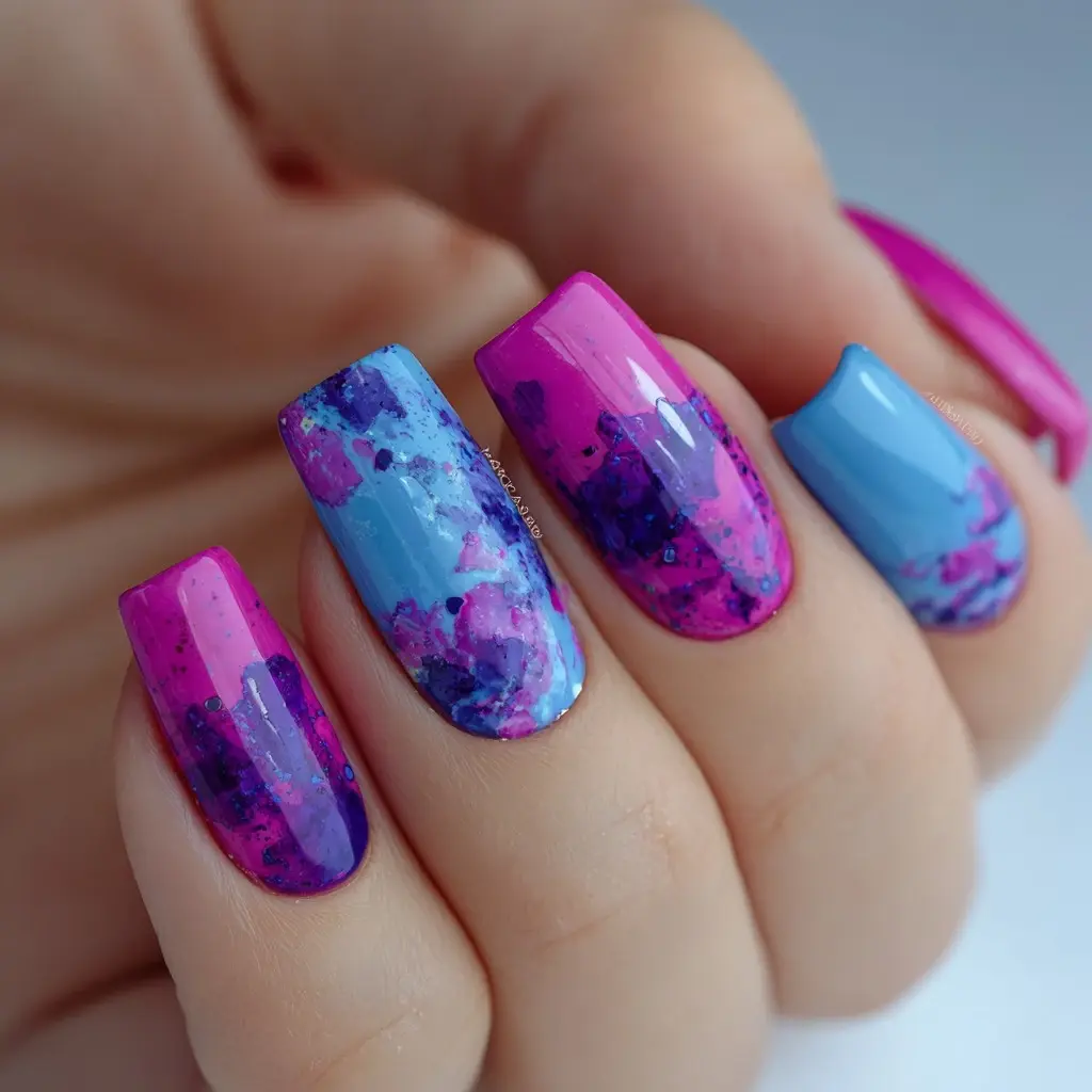 blue and pink coffin medium nails with abstract and glossy