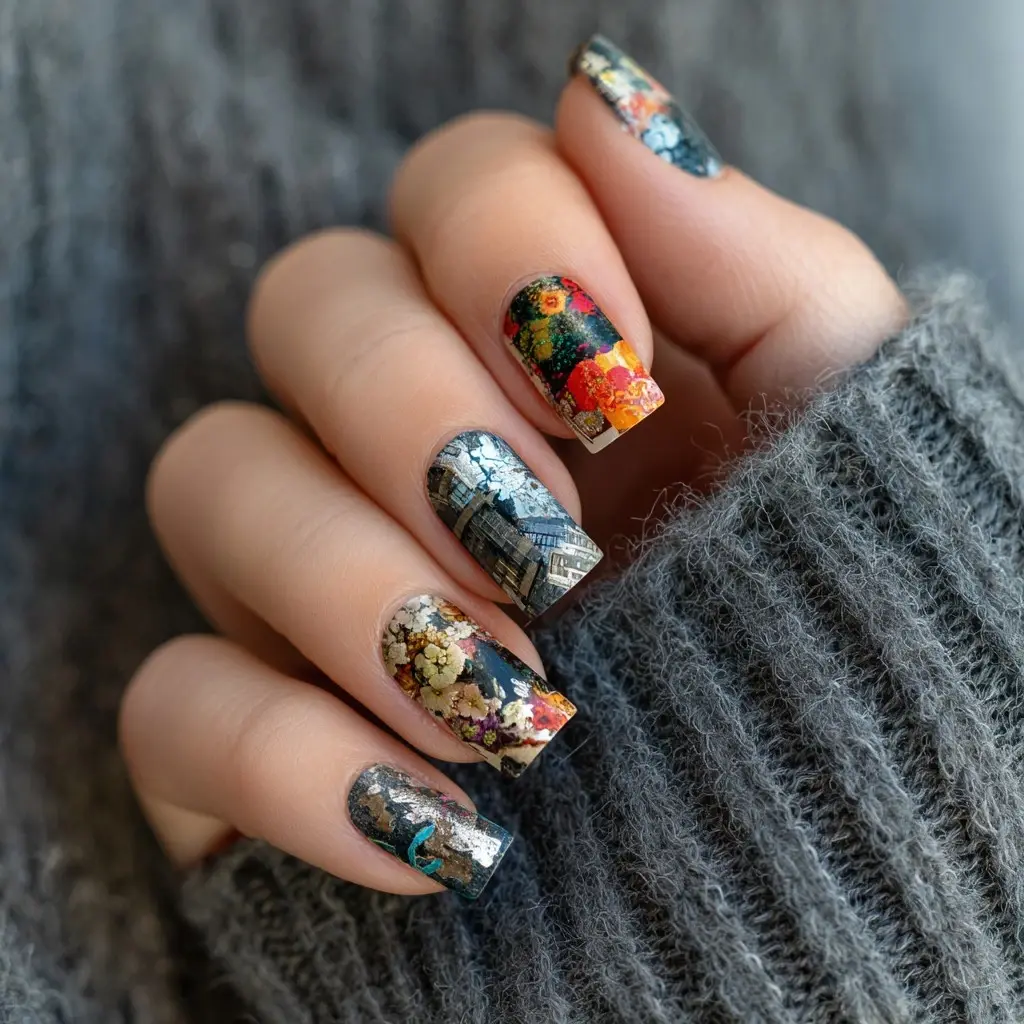 red and yellow coffin medium nails with floral and abstract