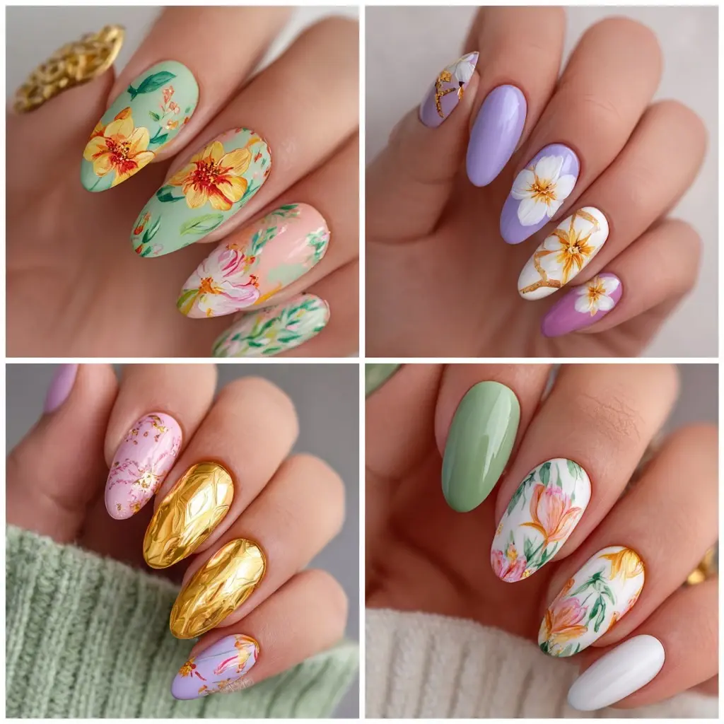 pink and purple coffin medium nails with floral and abstract