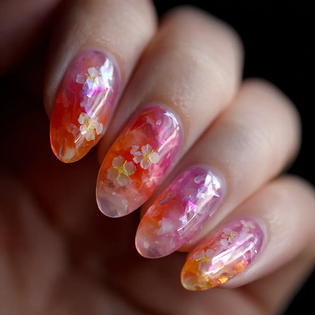 pink and orange coffin medium nails with floral and abstract