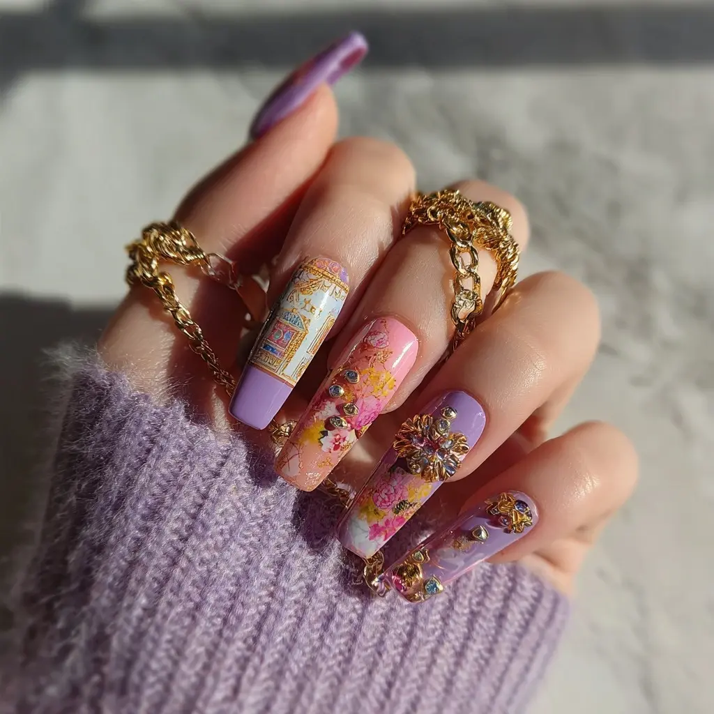 purple and pink coffin long nails with floral and abstract