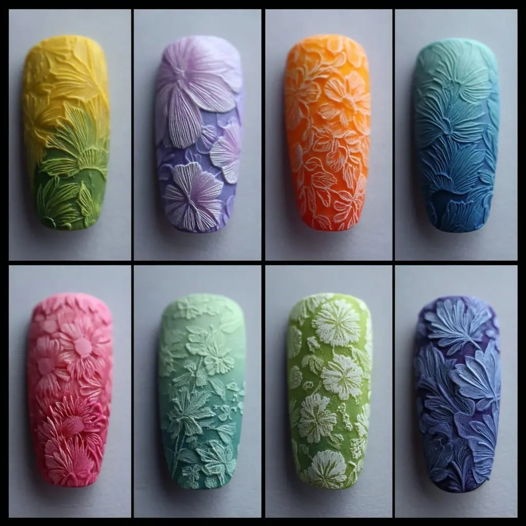 pastel and metallic coffin long nails with floral and abstract