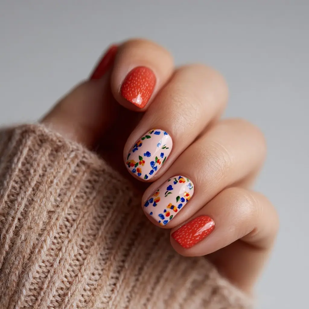 red and pastel almond medium nails with floral and abstract