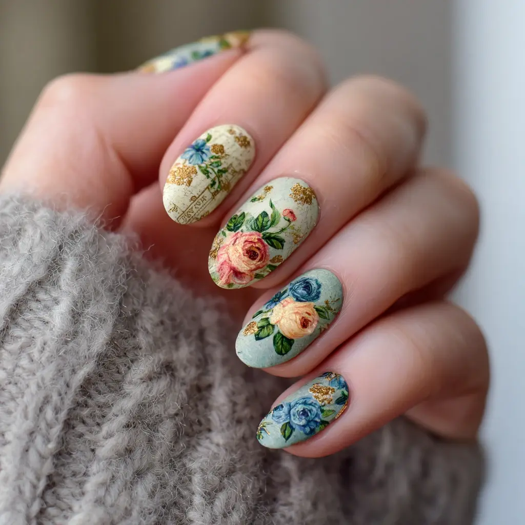 pastel and blue almond medium nails with floral and abstract
