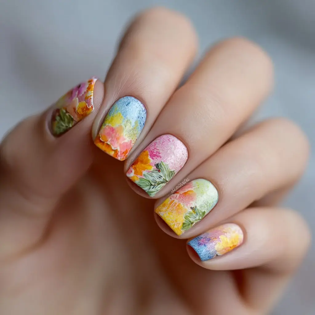 pink and yellow square medium nails with floral and abstract