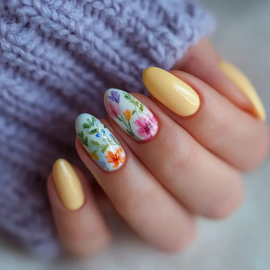yellow and pink coffin medium nails with floral and glossy