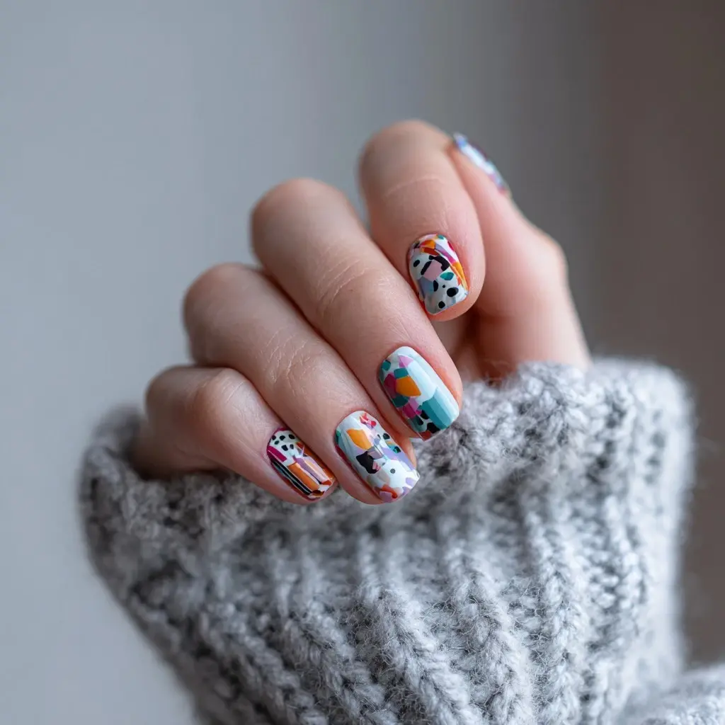 red and blue square medium nails with geometric and abstract