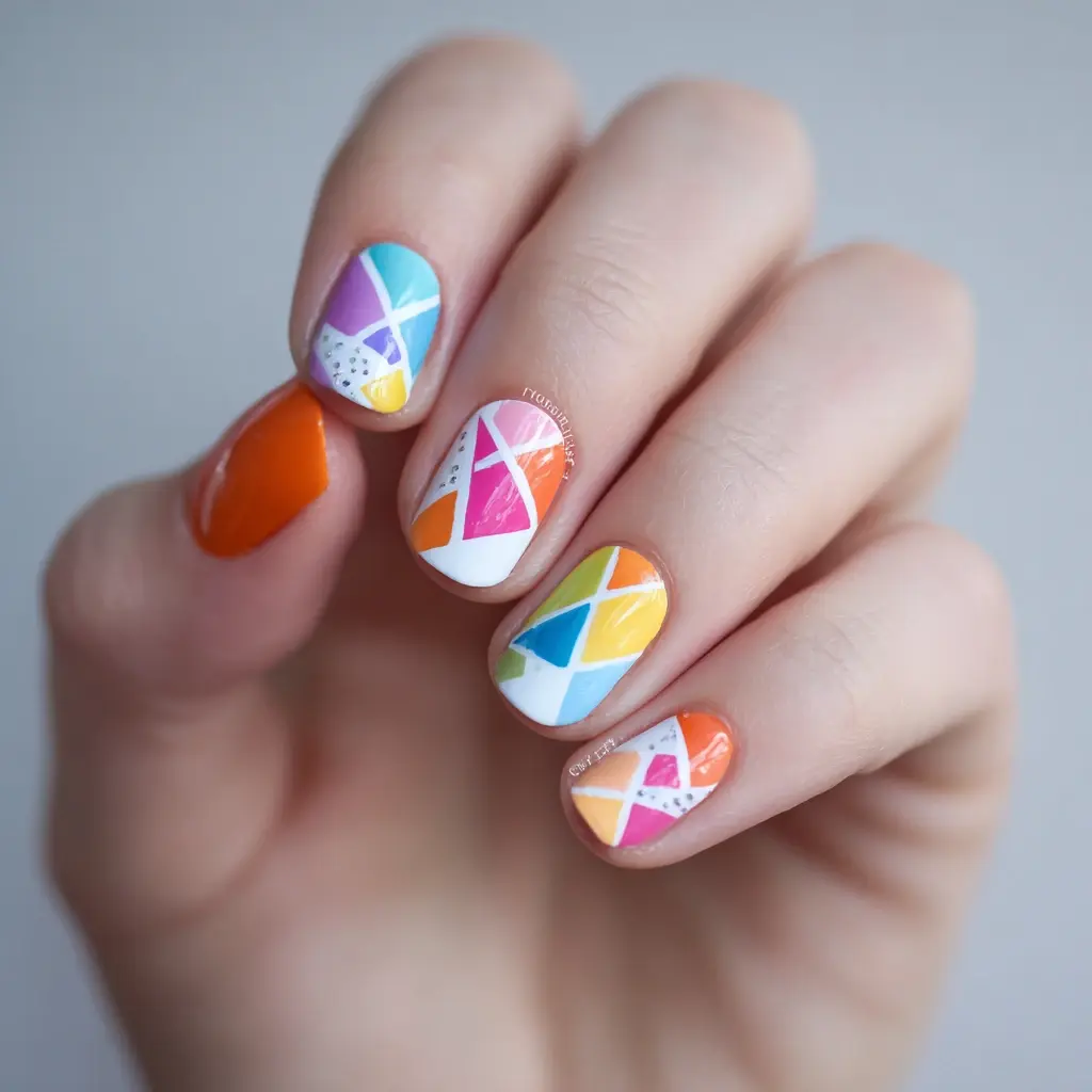 pink and orange coffin medium nails with geometric and abstract