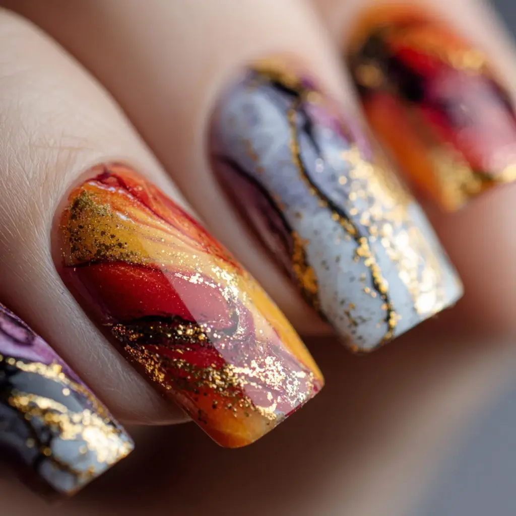 red and yellow coffin long nails with glitter and abstract