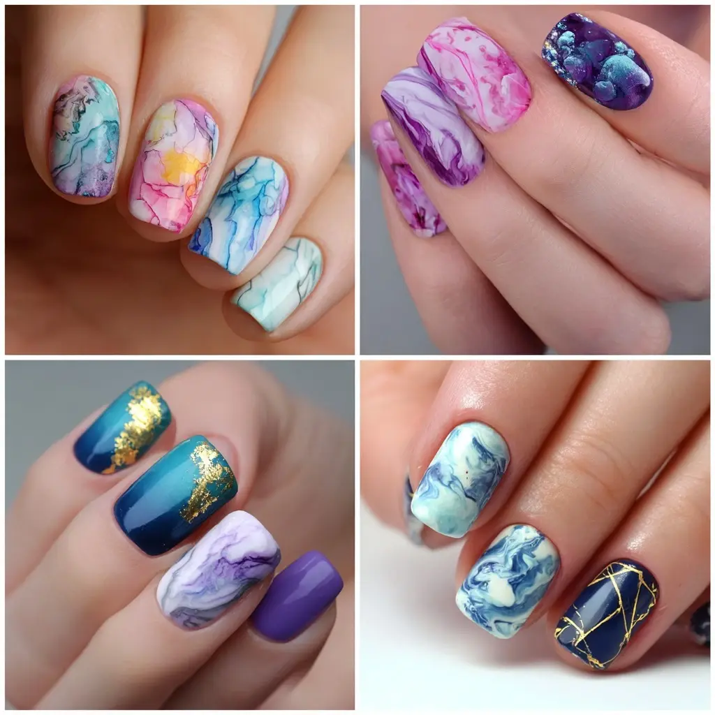 blue and purple oval medium nails with abstract and glitter