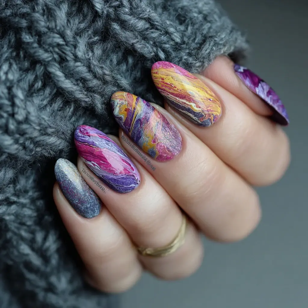 purple and pink coffin long nails with abstract and glitter