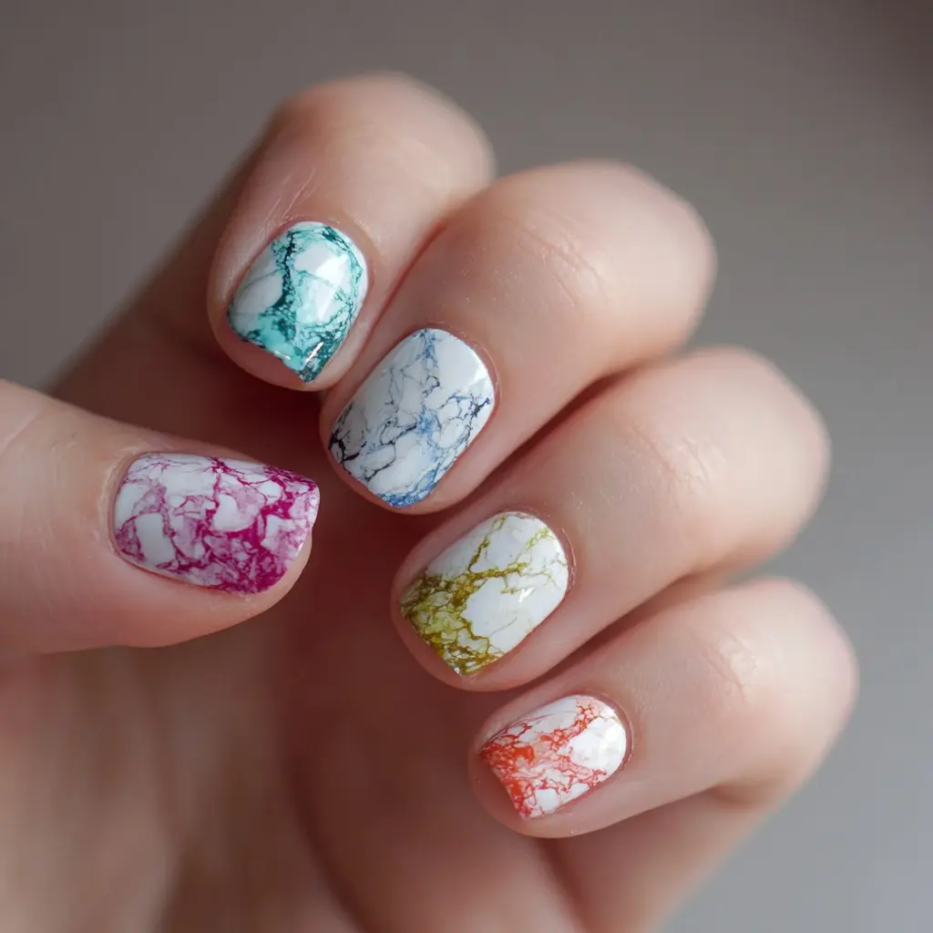 pink and blue square medium nails with abstract and glossy