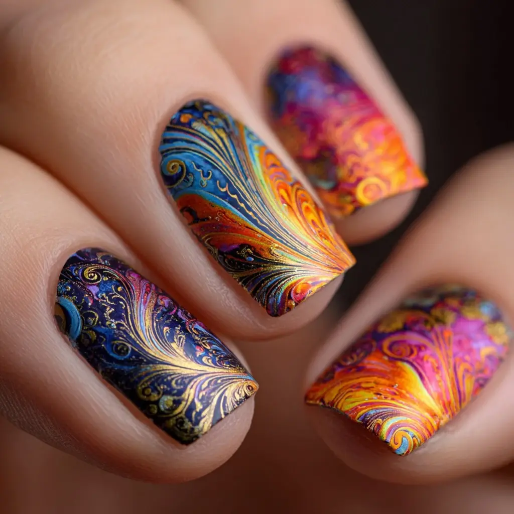 blue and orange coffin long nails with abstract and glossy