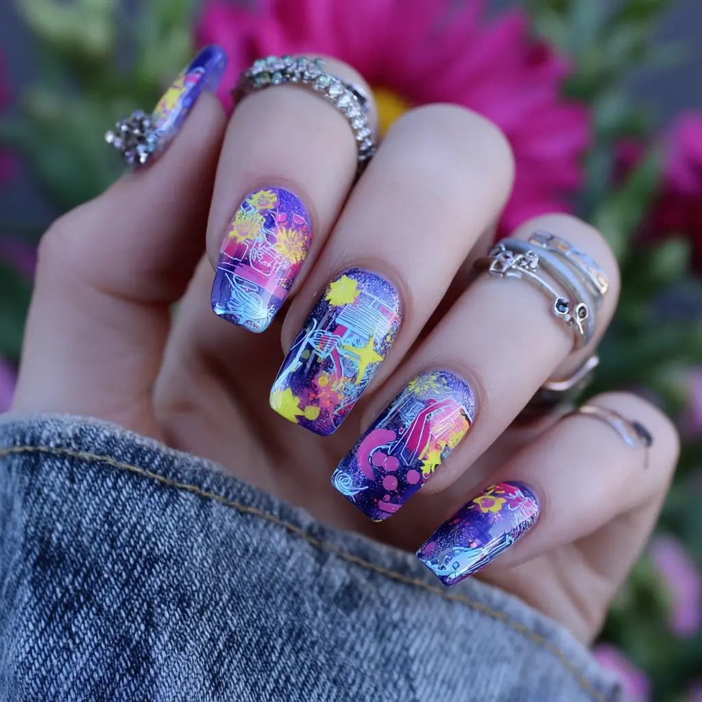 purple and yellow coffin medium nails with abstract and glossy