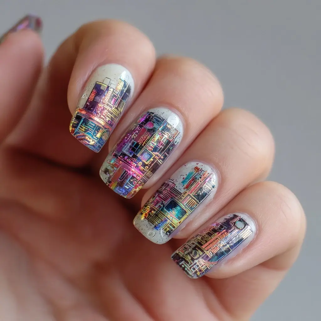 red and blue almond medium nails with abstract and glitter