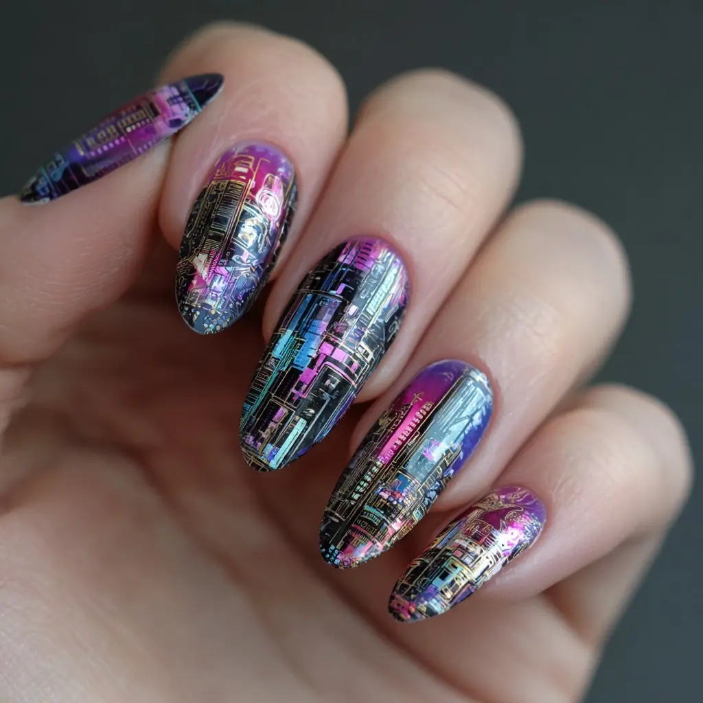 purple and pink almond medium nails with abstract and glitter