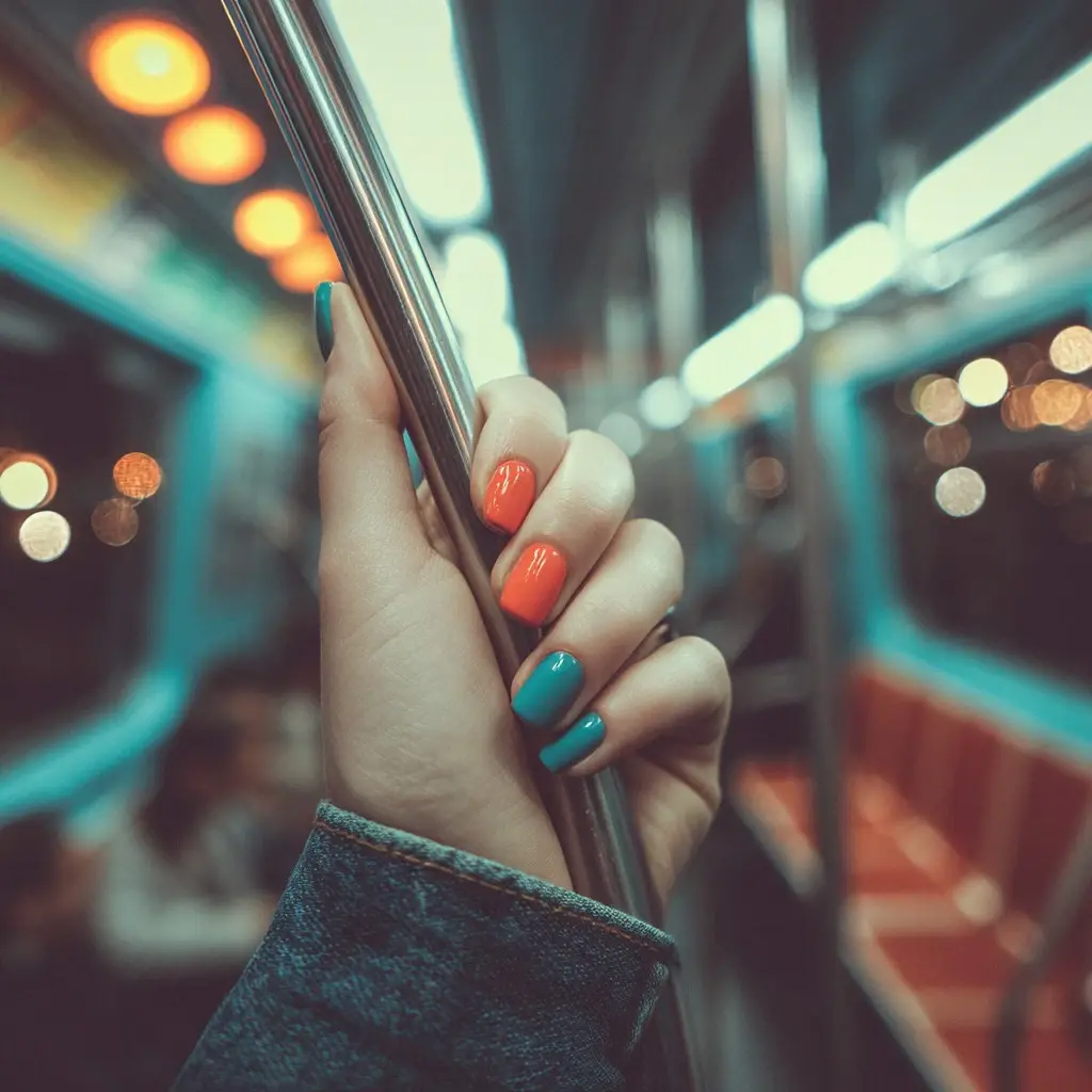 orange and blue coffin medium nails with abstract and glossy