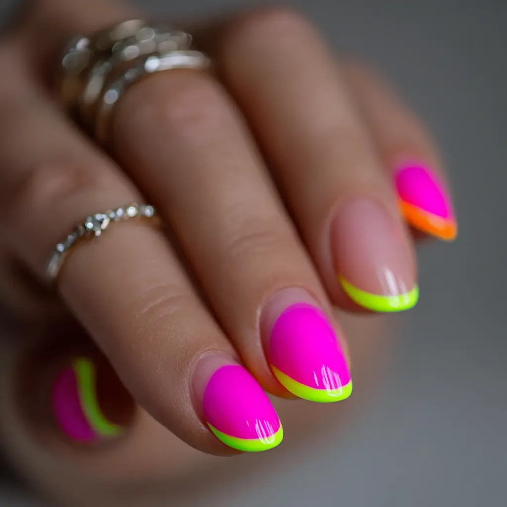 pink and yellow almond medium nails with french and abstract