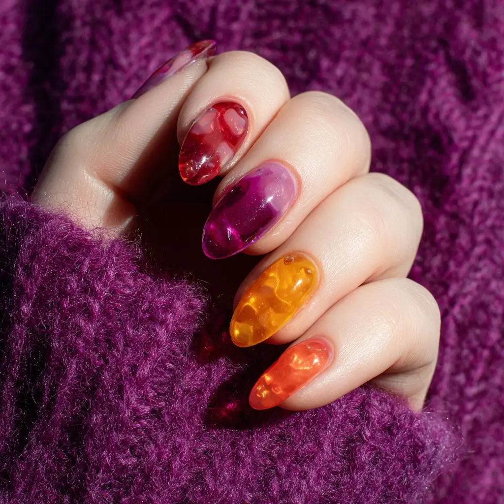 red and purple coffin medium nails with abstract and glossy