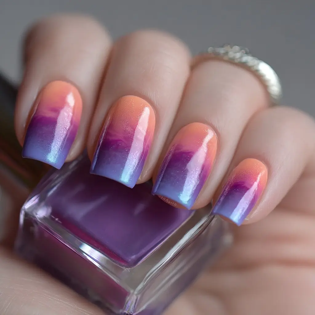 purple and pink square medium nails with abstract and ombre