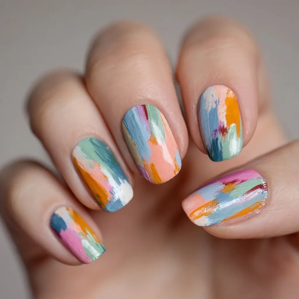 blue and pink square medium nails with abstract