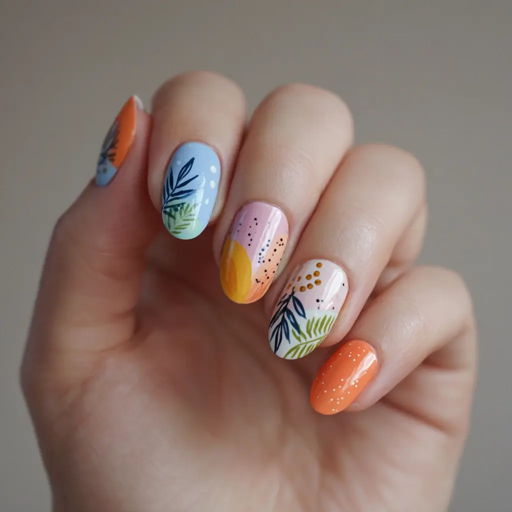 pink and blue coffin medium nails with floral and abstract