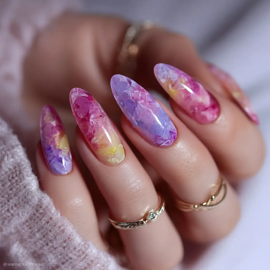 pink and purple coffin long nails with abstract and glossy