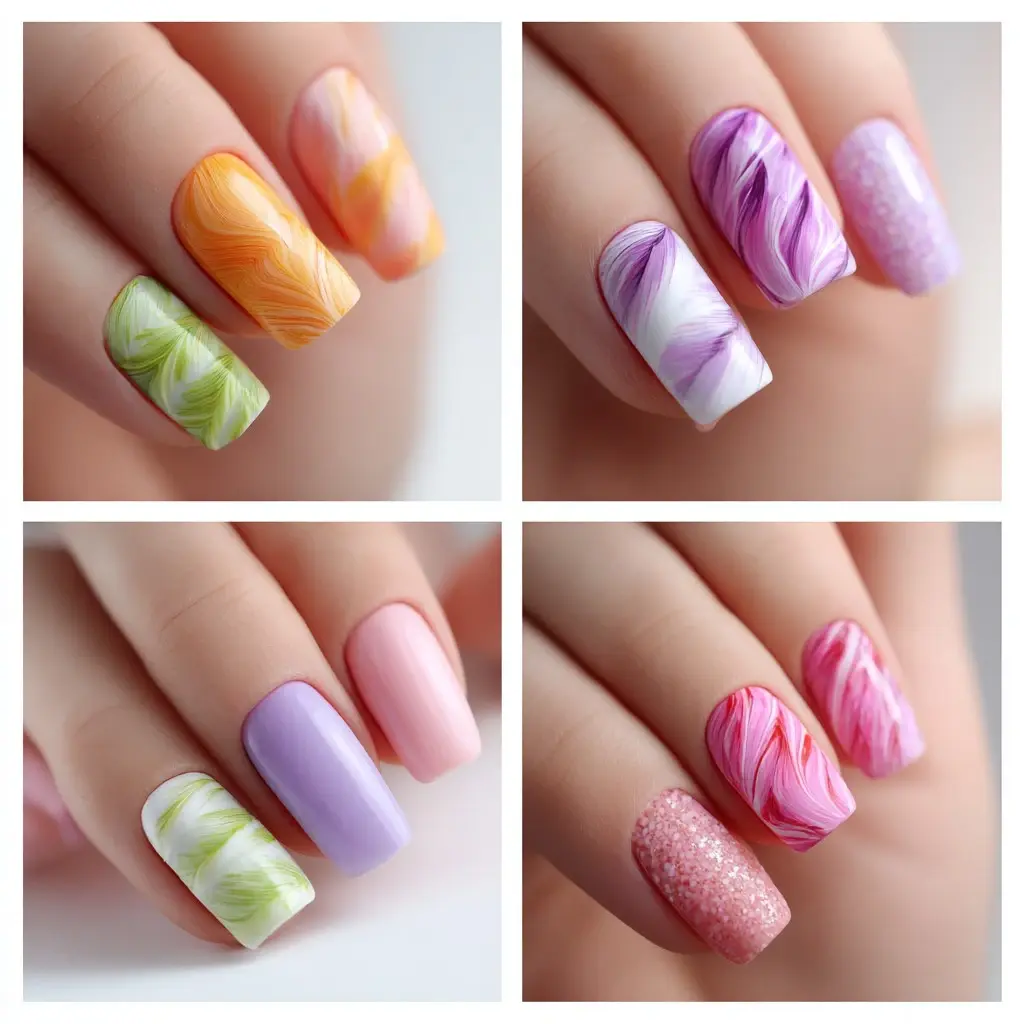 pastel and pink square medium nails with abstract and glossy