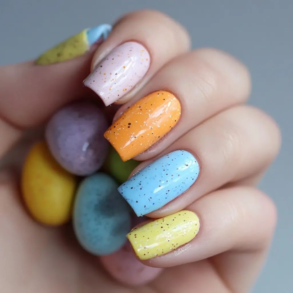 pastel and yellow coffin medium nails with abstract and glossy