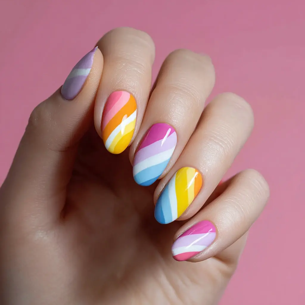 pink and yellow almond medium nails with abstract and glossy