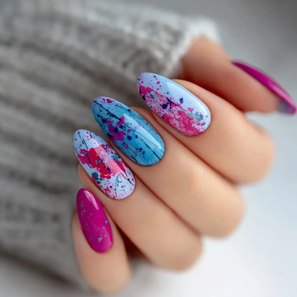 pink and blue coffin long nails with abstract and glossy