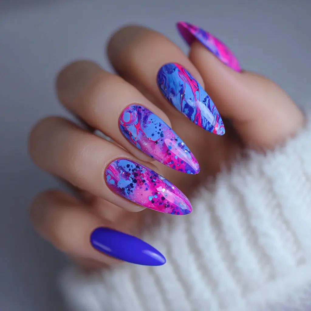 pink and blue stiletto long nails with abstract and glossy