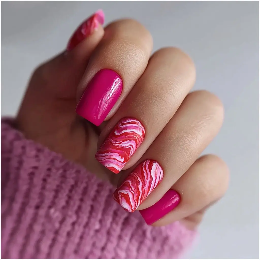 pink and red coffin medium nails with abstract and glossy