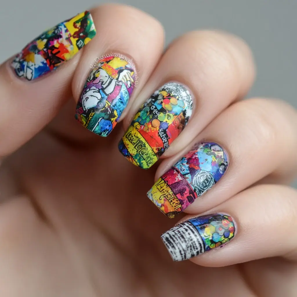 red and blue coffin long nails with abstract and glitter