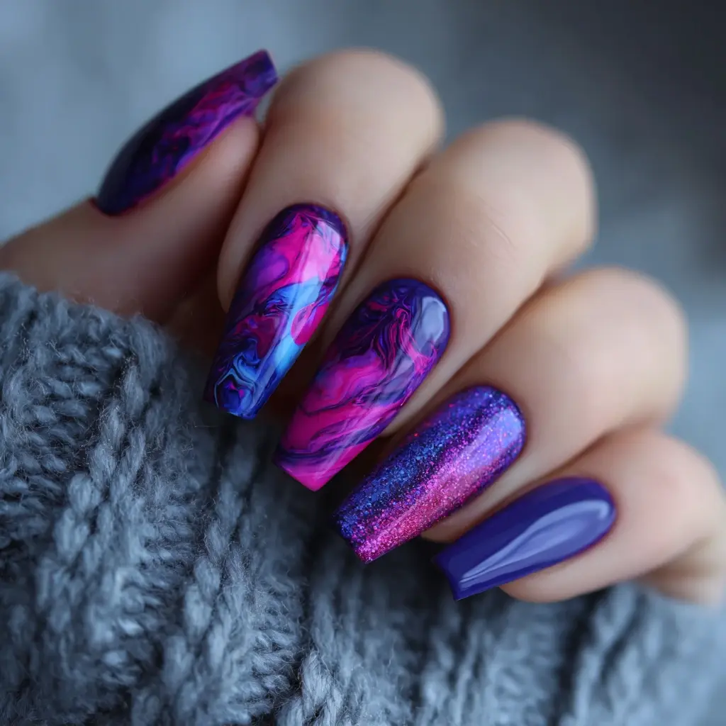 purple and pink coffin long nails with abstract and glossy