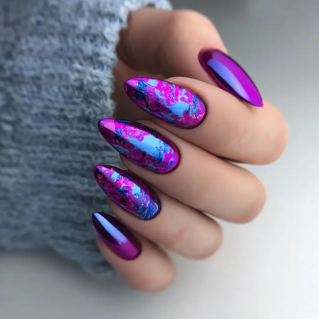 purple and pink stiletto long nails with abstract and glossy
