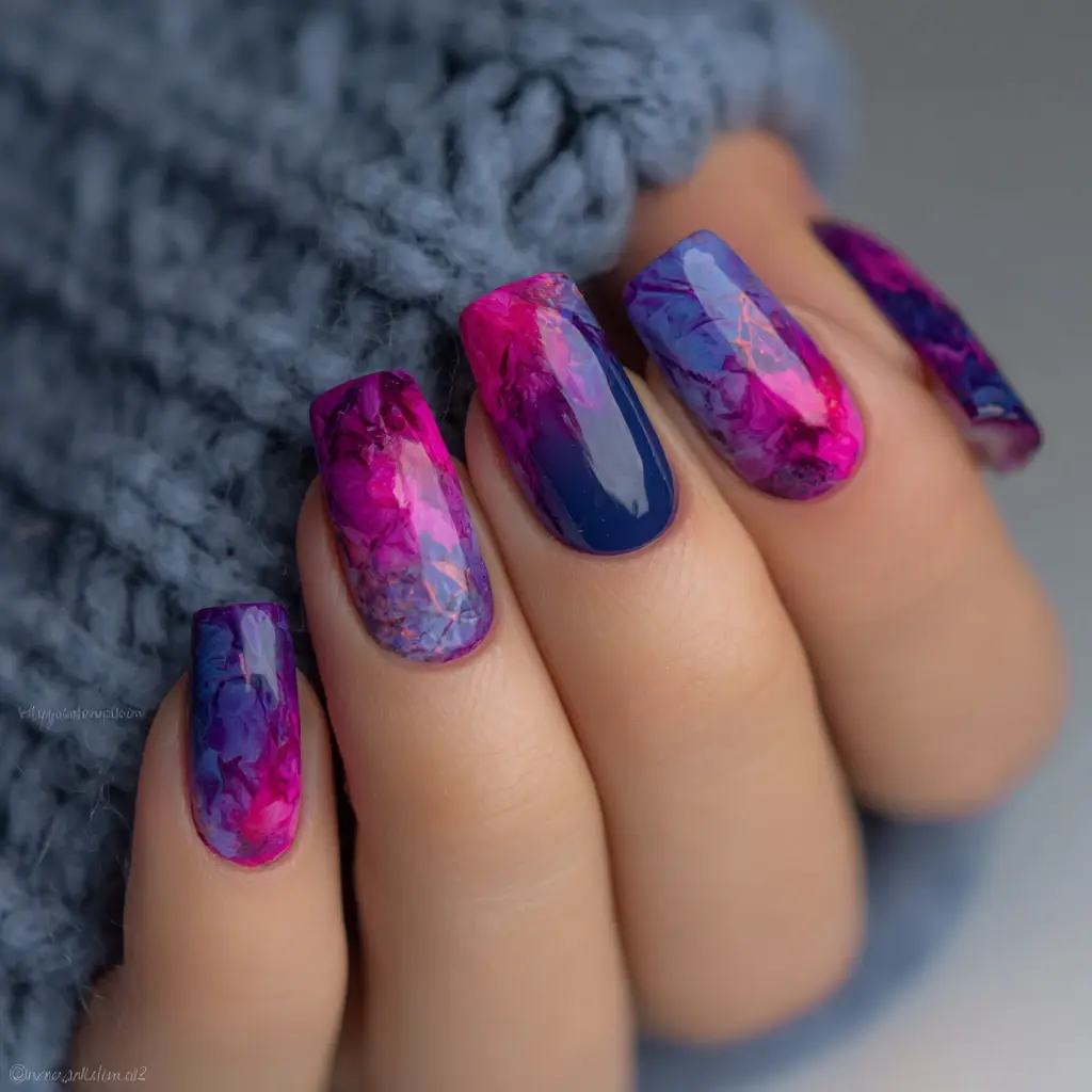 purple and pink coffin long nails with abstract and ombre