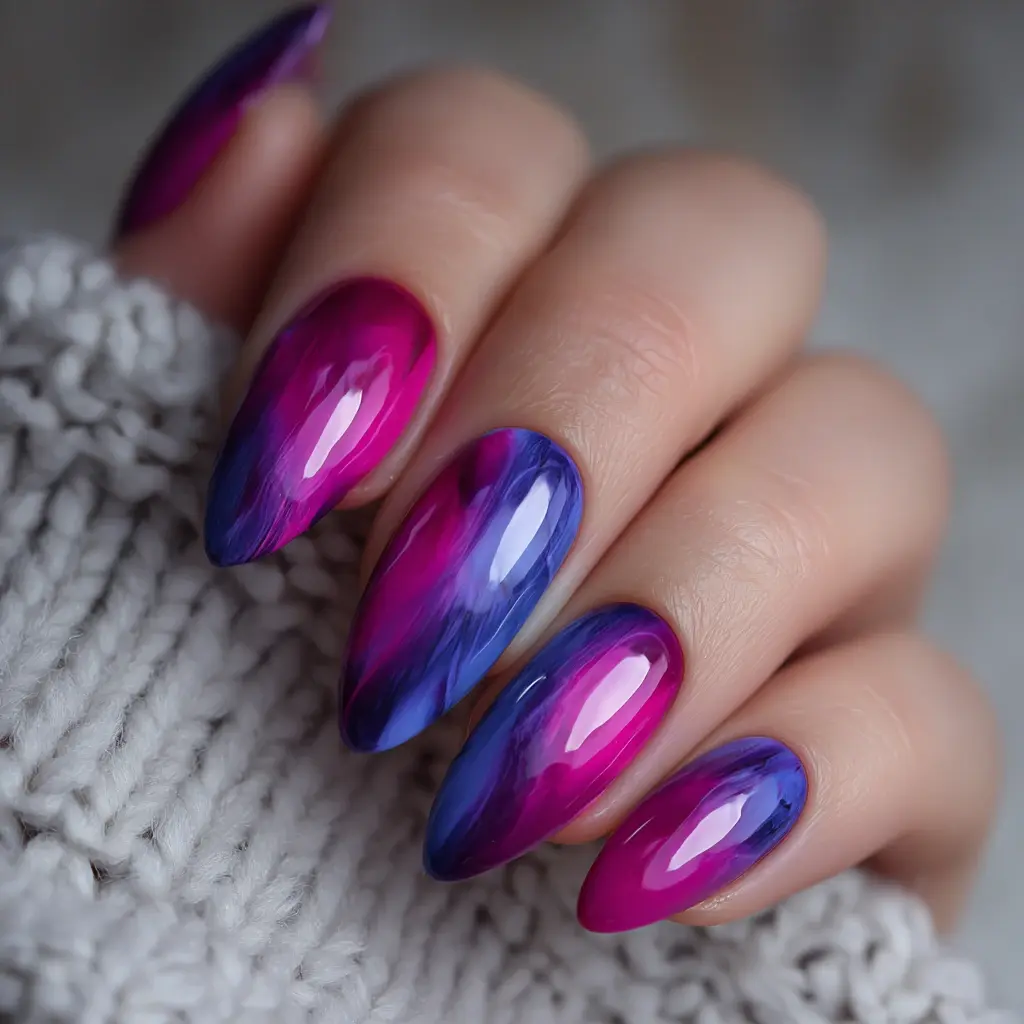 purple and pink stiletto long nails with ombre and glossy