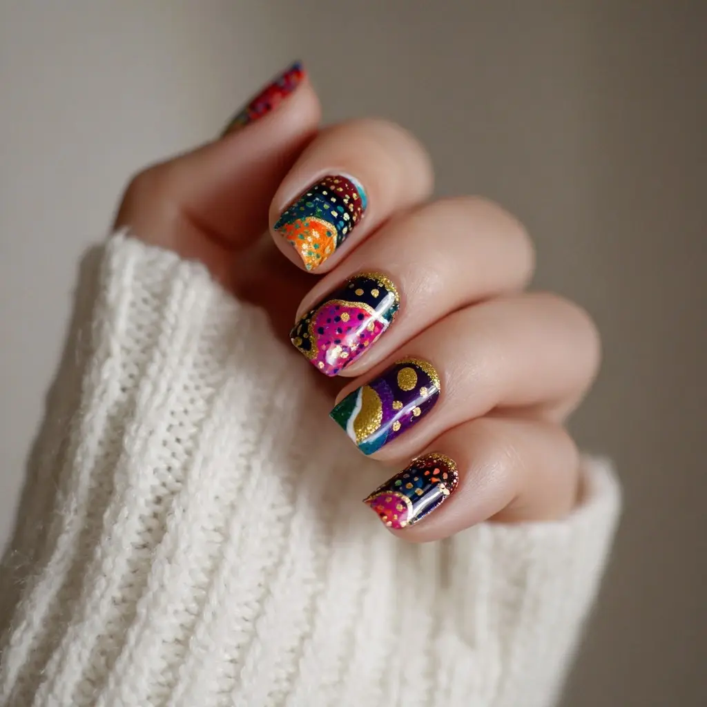 red and blue coffin medium nails with abstract and glossy