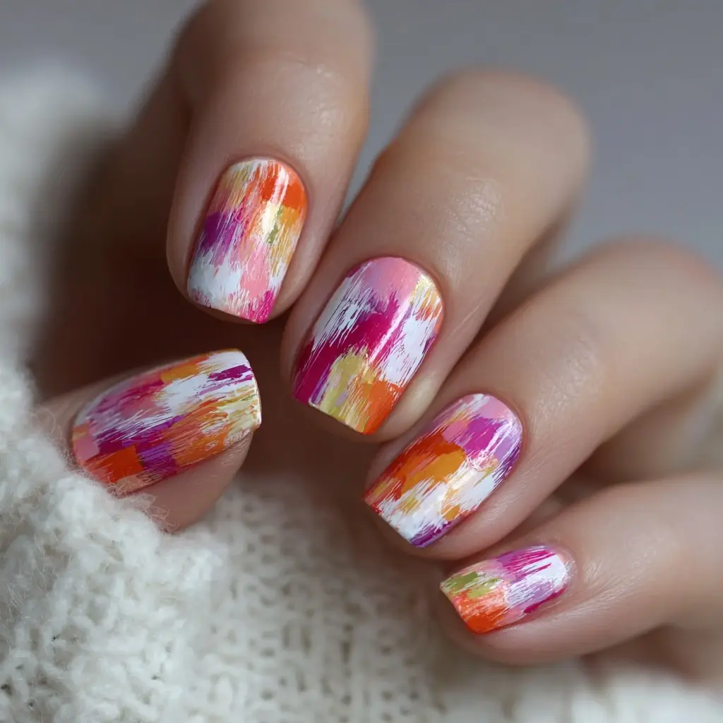 pink and orange square medium nails with abstract and glossy