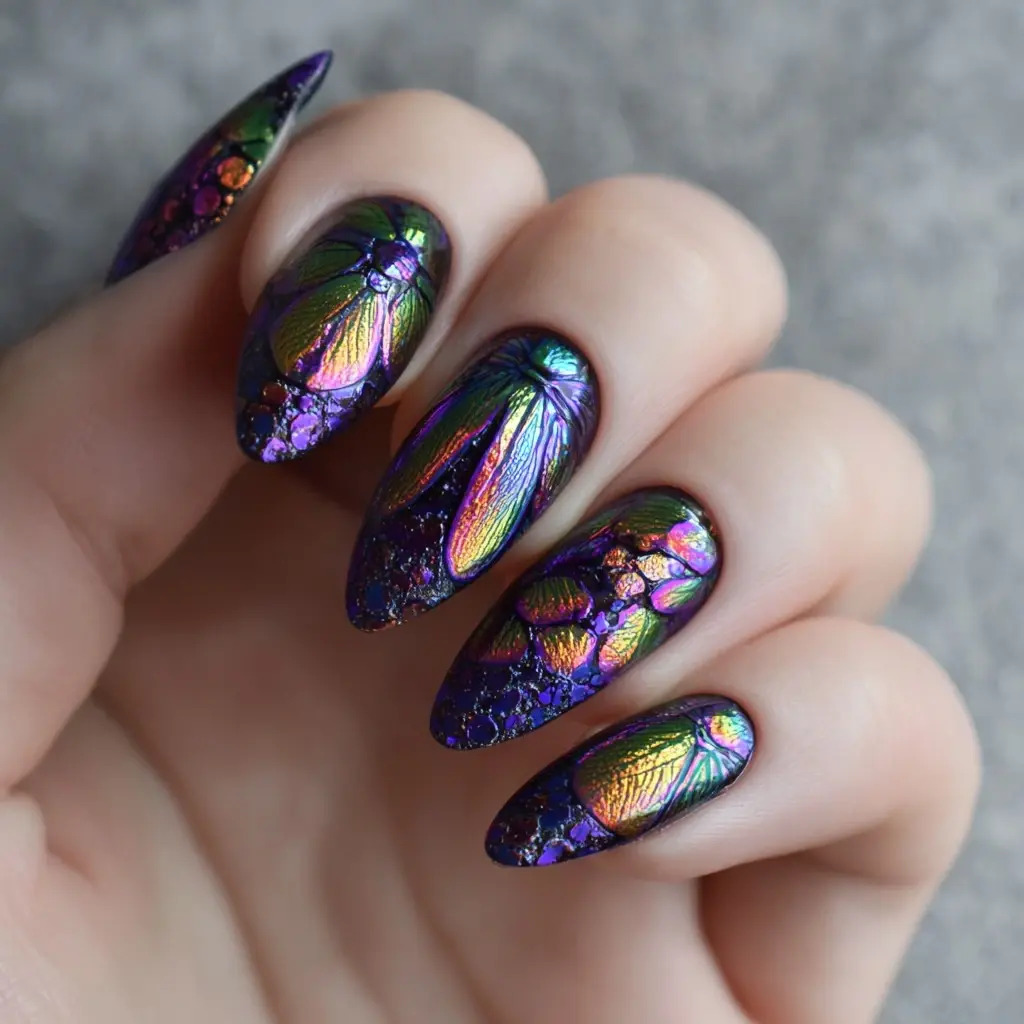purple and green coffin long nails with abstract and glossy