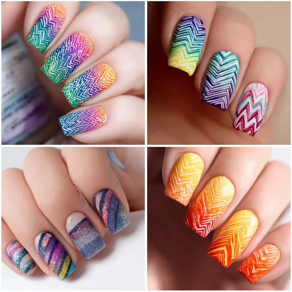 pastel and metallic almond medium nails with geometric and abstract