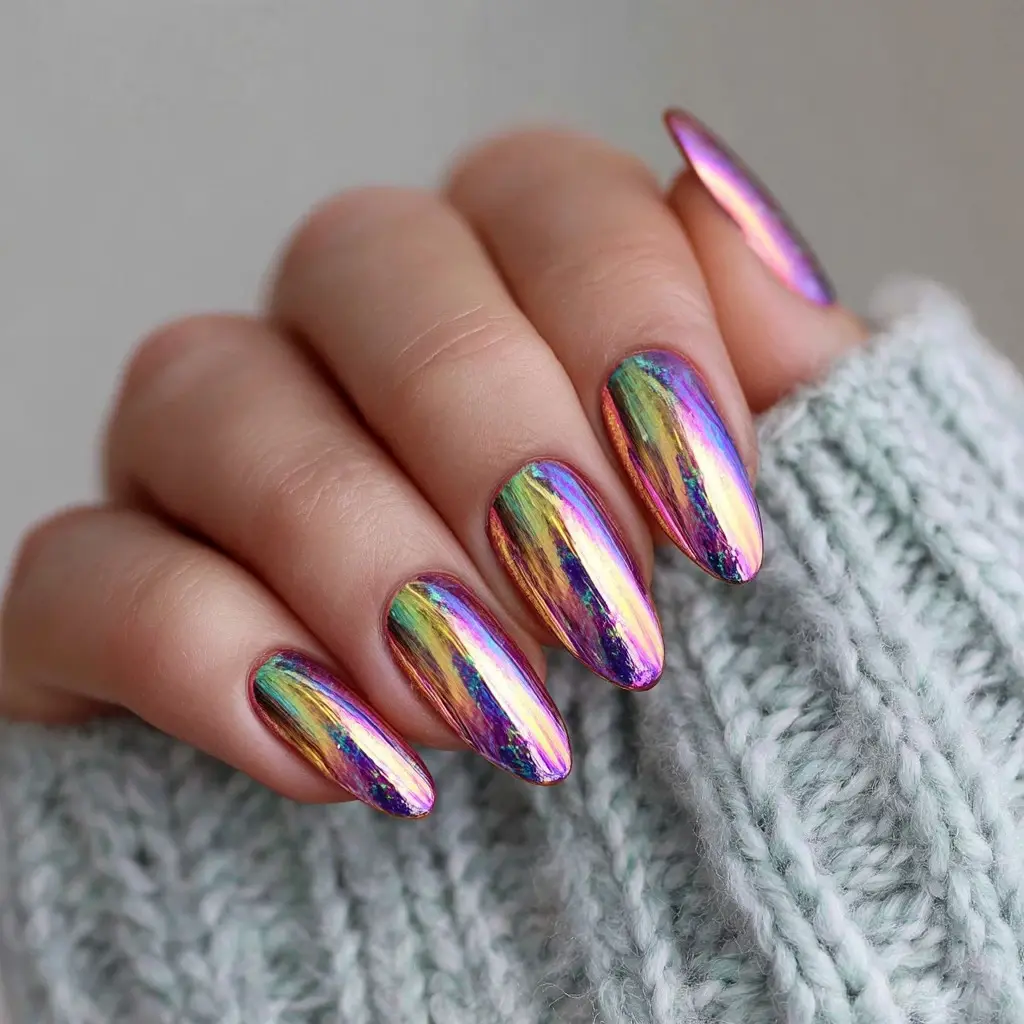 metallic and pastel coffin long nails with abstract and glossy